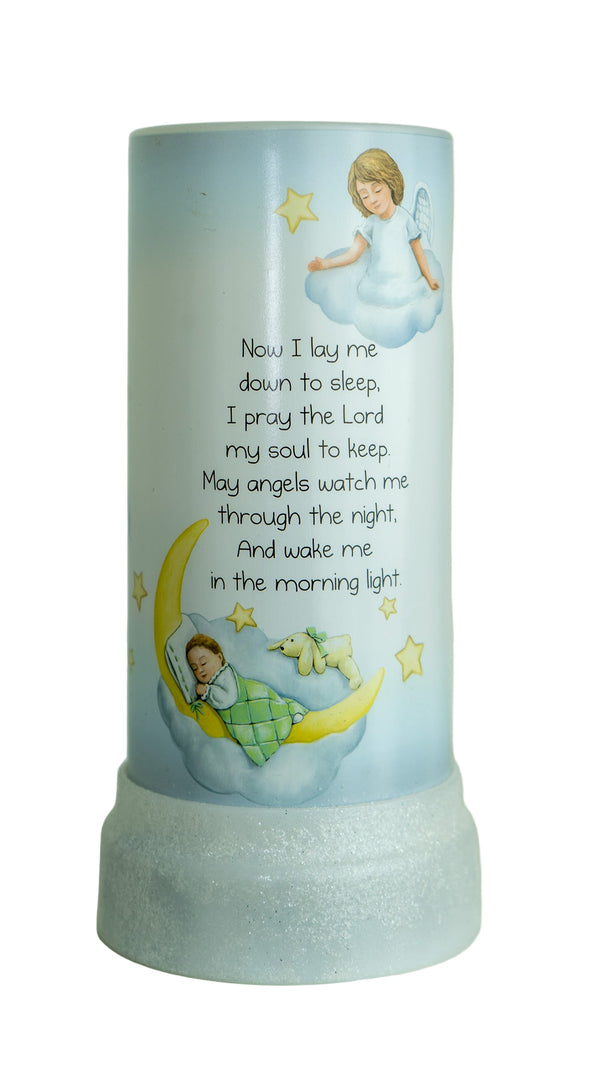 Candle with angel design and text on a white background