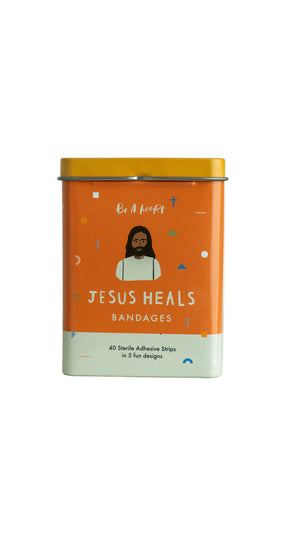 Bandage container with 'Jesus Heals' text on an orange background