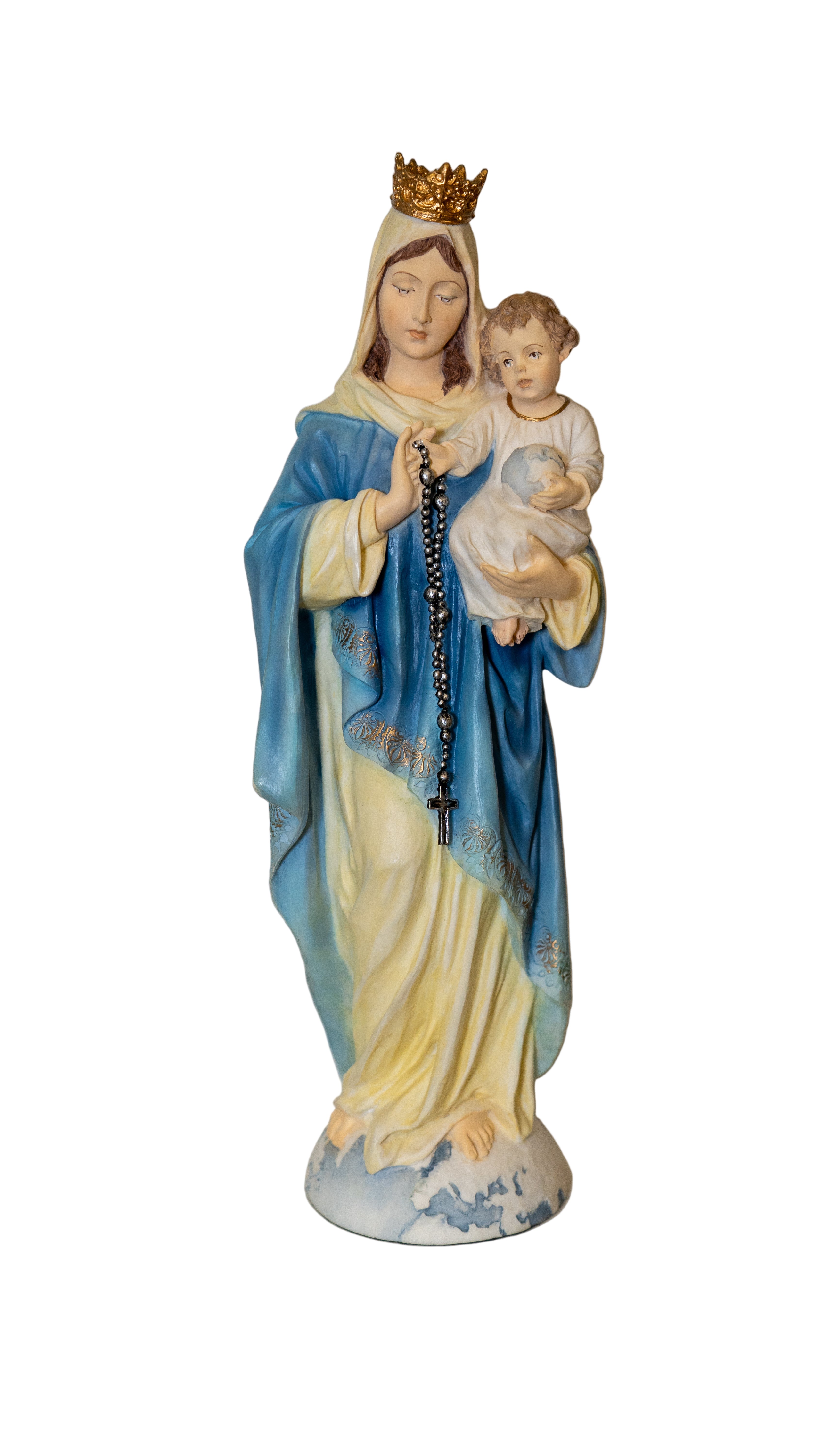 Statue of a woman holding a child with a rosary against a white background