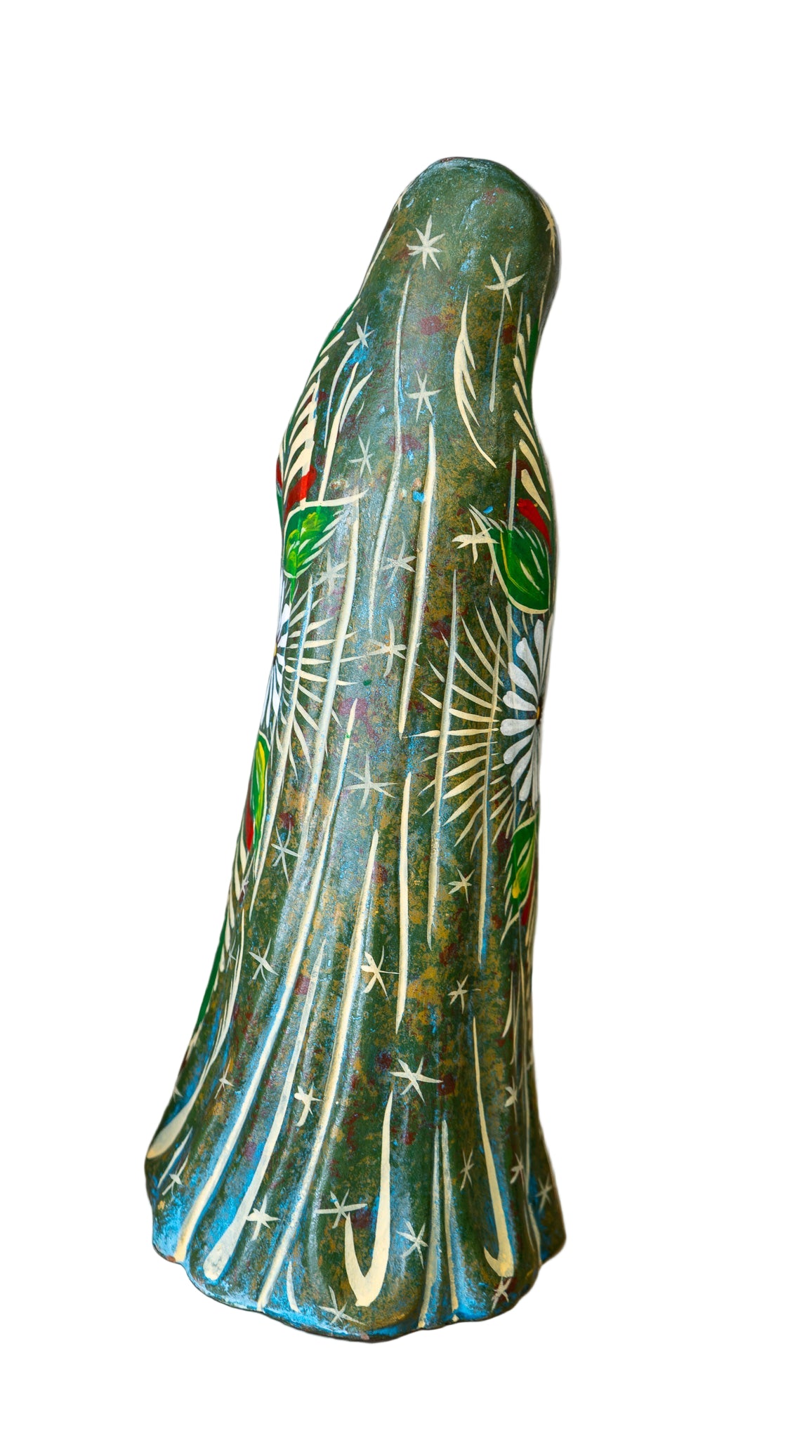 Decorative figure with green and blue patterns on a plain background