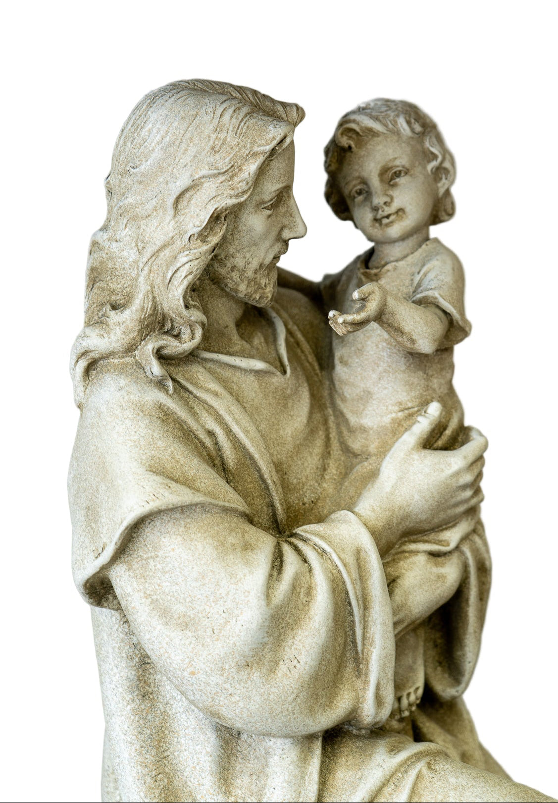 Statue of a man holding a child against a plain background